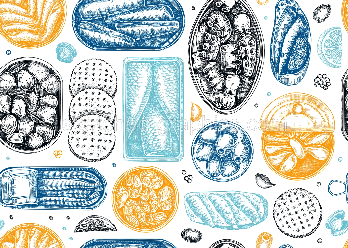 Seafood background in color. Hand-drawn tinned fish seamless pattern. Sardines, anchovy, mackerel, tuna, mussels in tin cans, fish canapes, olives, crackers sketches. For packaging, print, textile Illustration